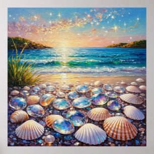 Poster Pôr do Sol no Oceano com Conchas e Joias Refletind