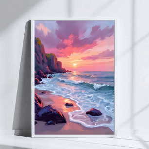 Poster Pôr do sol no oceano em tons pastel de rosa Aquare