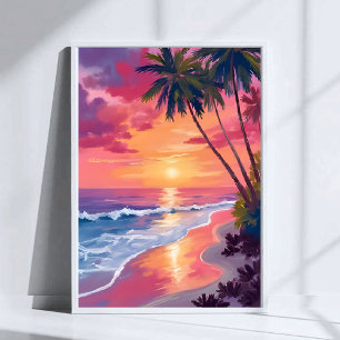 Poster Pôr do Sol no Paraíso Praia Tropical Rosa em Aqu