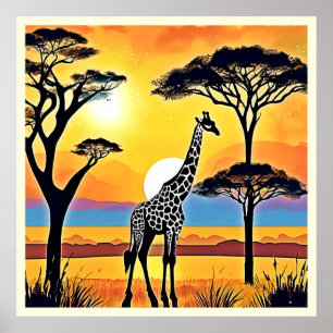 Poster Pôr do Sol no Safari: Abraço da Girafa