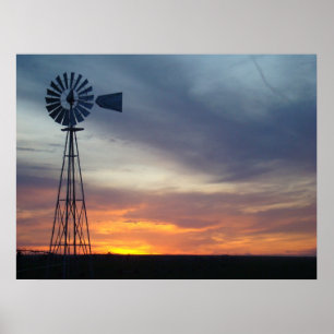 Pôster Por do sol ocidental e moinho de vento de Kansas