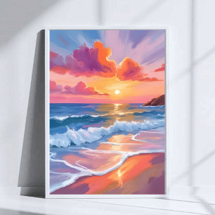 Poster Pôr do Sol Pastel no Oceano Pintura Colorida da