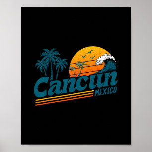 Poster Pôr do sol retrô Cancun México Palmeira Praia Verã