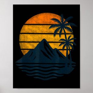 Poster Pôr do sol retrô palmeiras montanhas praia mar