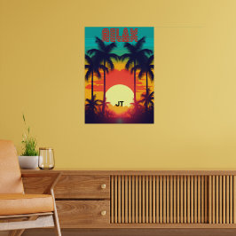 Poster Pôr do Sol Retrô Tropical Estilo Anos 80