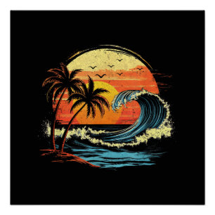 Pôster Pôr do sol retrô tropical vintage palmeira da prai