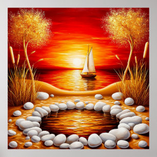 Poster Pôr do Sol Sereno Sobre um Lago Com Barco à Vela