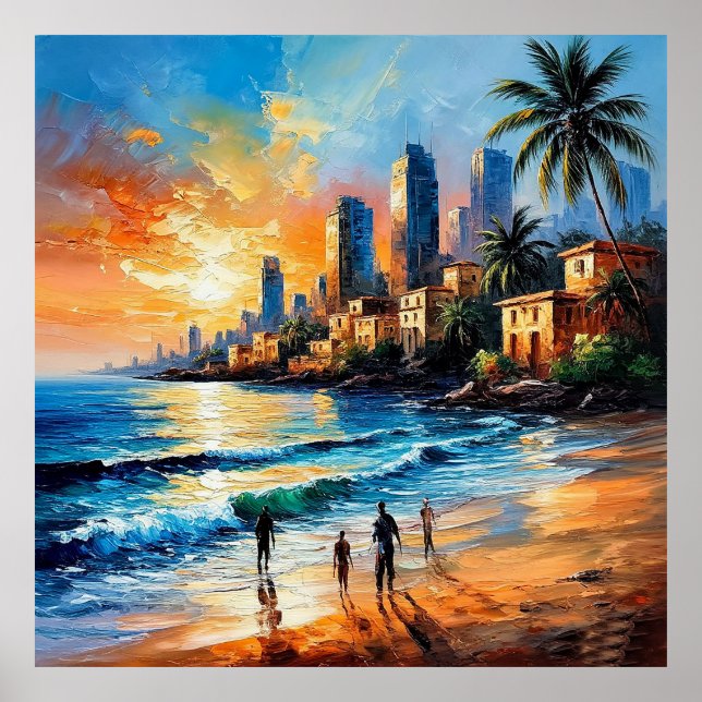 Poster Pôr do sol sobre a paisagem da cidade costeira (Frente)