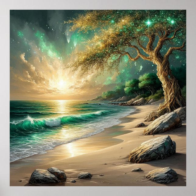 Poster Pôr do sol sobre a praia tranquila com árvore míst (Frente)