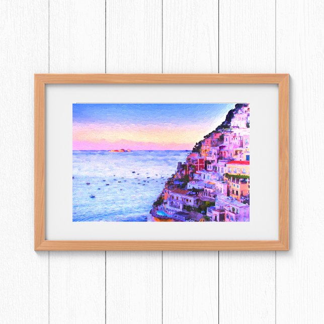 Pôster Pôr do sol sobre Positano, pintura da Itália (Criador carregado)