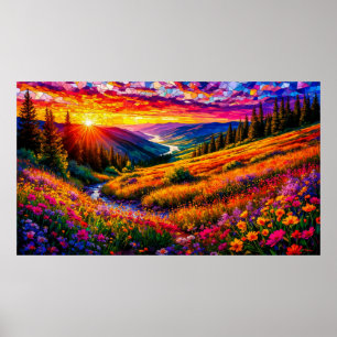 Poster Pôr do Sol Sobre Prado de Flores Silvestres 🌅 Mos