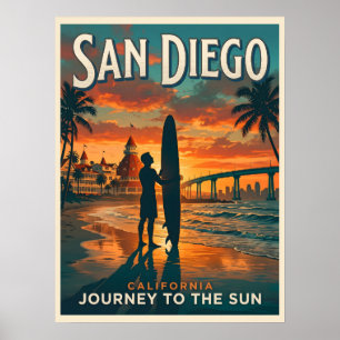 Poster Pôr do Sol Surf Viagem em San Diego Califórnia