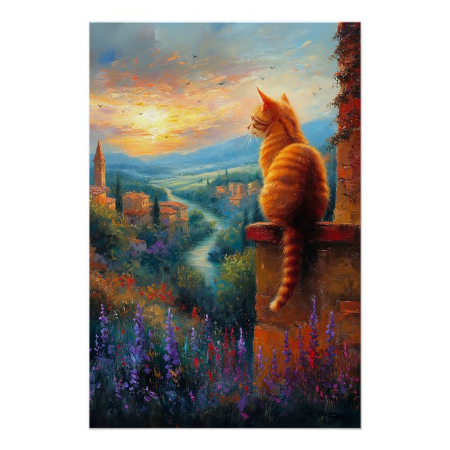 Pôster Pôr do sol toscano com um gato ginger (Frente)