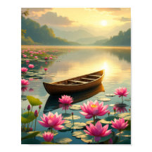 Pôr do sol tranquilo no lago com barco e flores