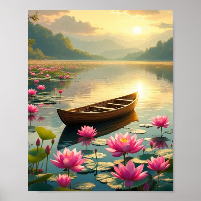 Poster Pôr do sol tranquilo no lago com barco e flores (Frente)