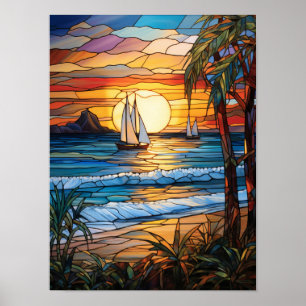 Poster Pôr do sol tropical com veleiros e ondas do oceano