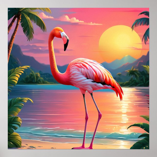 Poster Pôr do sol tropical do flamingo  (Frente)