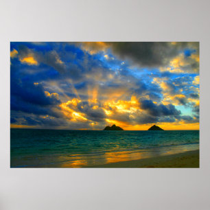 Pôster Por do sol tropical havaiano dourado da praia