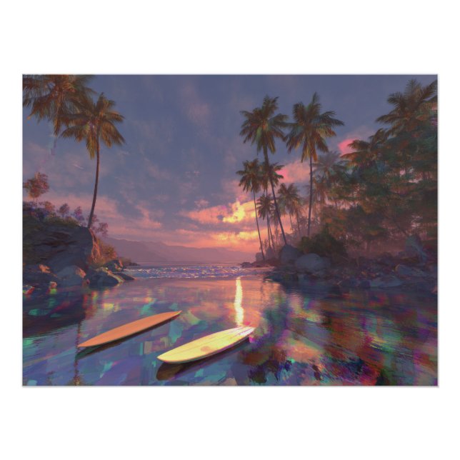 Pôster Pôr do Sol Tropical Sonhador com Reflexos de Glitc (Frente)