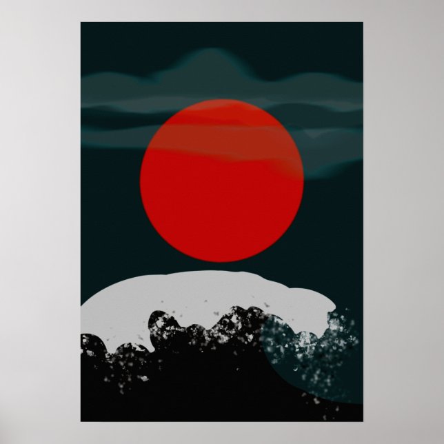 Poster Pôr do sol verde escuro com sol vermelho (Frente)