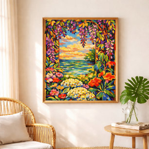Poster pôr do sol vibrante floral oceânico