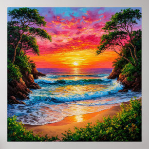 Poster Pôr do sol vibrante sobre a costa do oceano