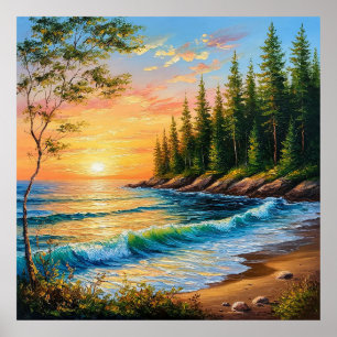 Poster Pôr do sol vibrante sobre as ondas do oceano