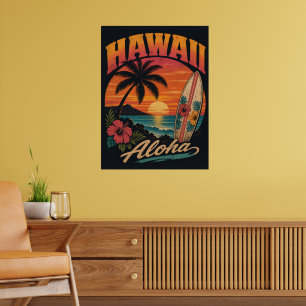 Poster Pôr-do-sol Vintage Havaiano Palmeiras Prancha de S