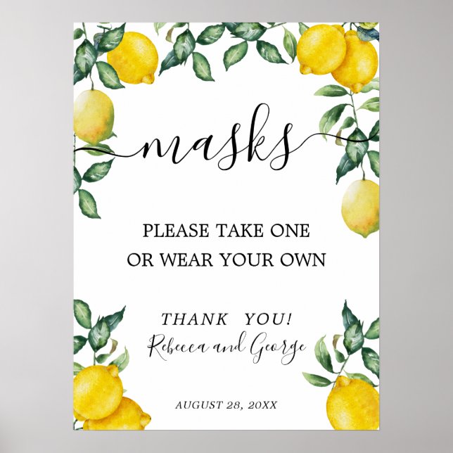 Poster Por favor, pegue um sinal de máscara com limões (Frente)
