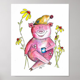 Poster Porco Caprichoso Fofo Bebendo Café