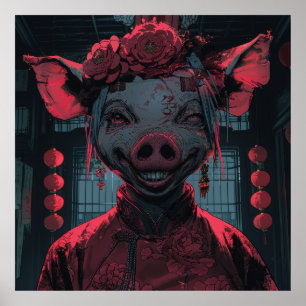 Poster Porco de Cartoon Escarnecido com Posto de Sorriso 