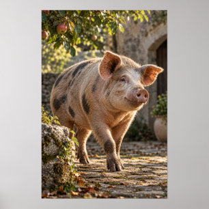 Poster Porco de Fazenda Manchado em Pomar Ensolarado Arte