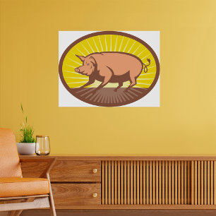 Poster Porco de Fazenda retrô com queimadura solar