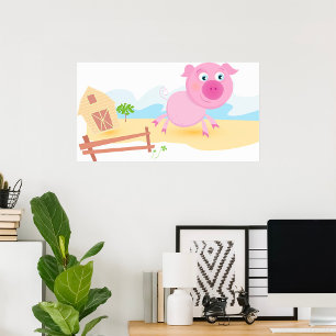 Poster Porco Divertido na Fazenda com o Barn e a Cerca