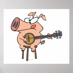 Pôster porco engraçado tocando banjo personagem de desenh