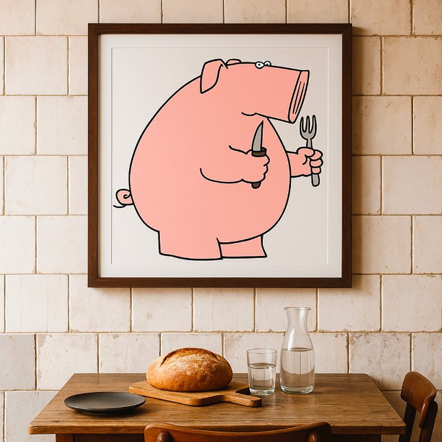 Poster Porco Hambriento Engraçado Segurando Garfo e Faca (Criador carregado)