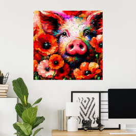 Poster Porco Impressionista em Flores Vermelhas