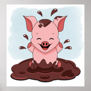 Poster Porco Rosa Fofo Brincando Na Lama