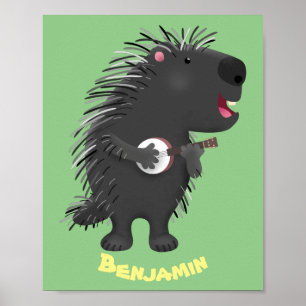 Poster Porcupine engraçado bonito tocando cartum banjo