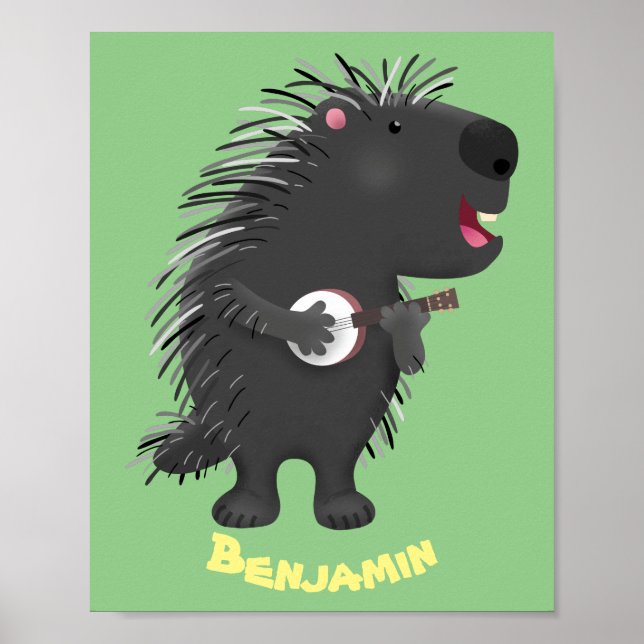 Poster Porcupine engraçado bonito tocando cartum banjo (Frente)
