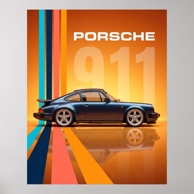 Poster Porsche 911 retrô Listras Coloridas (Frente)