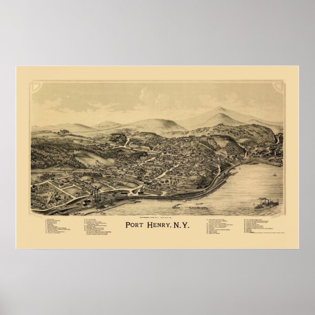 Pôster Port Henry, Mapa Panorâmico NY - 1889 (Frente)