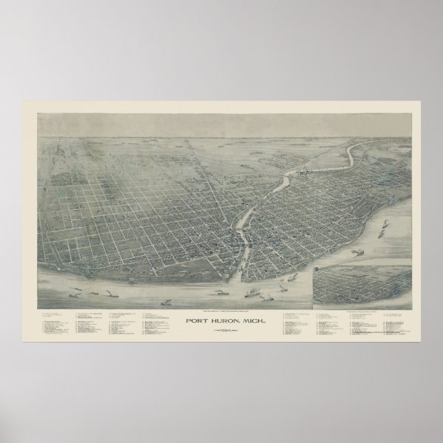 Pôster Port Huron, MI Panorâmica Map - 1894 (Frente)