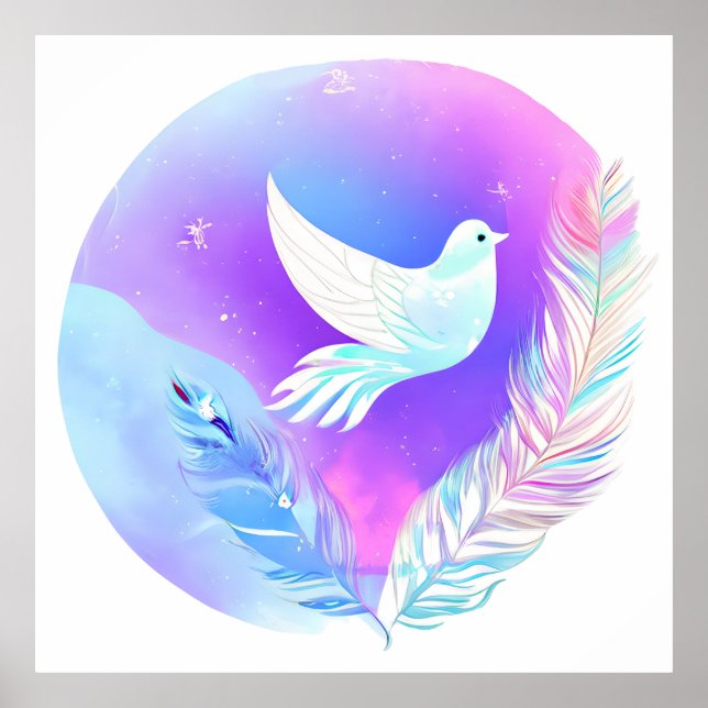 Poster Porta branca com penas cor-de-rosa e azuis (Frente)