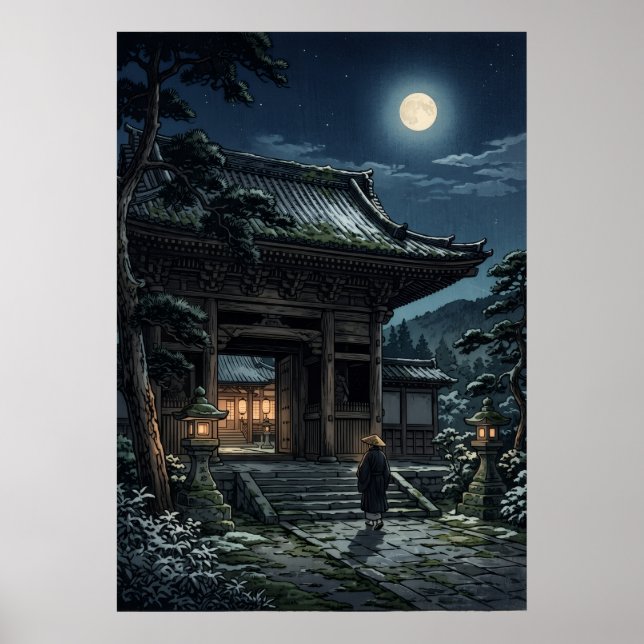 Poster Porta do Templo Japonês Lua Cheia Noite Lanternas  (Frente)