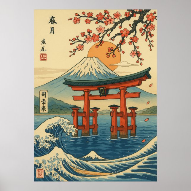 Poster Porta Torii japonesa e Monte Fuji com ondas (Frente)