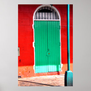 Poster Porta verde e parede vermelha, Nova Orleães