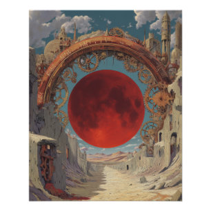 Pôster Portal de Lua Vermelha Surrealista Arte Fantástica