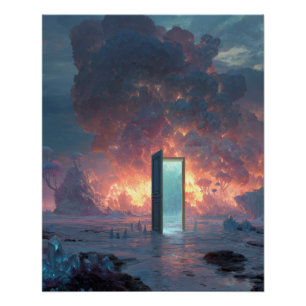 Pôster Portal Futurista em Meio a Céus Flamejantes