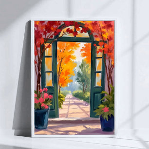 Poster Portão de Jardim Pintura Floral Botânica em Aqua